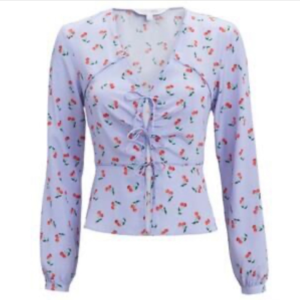 INTERMIX Blue Fitted Tie Front Long Sleeve Blouse